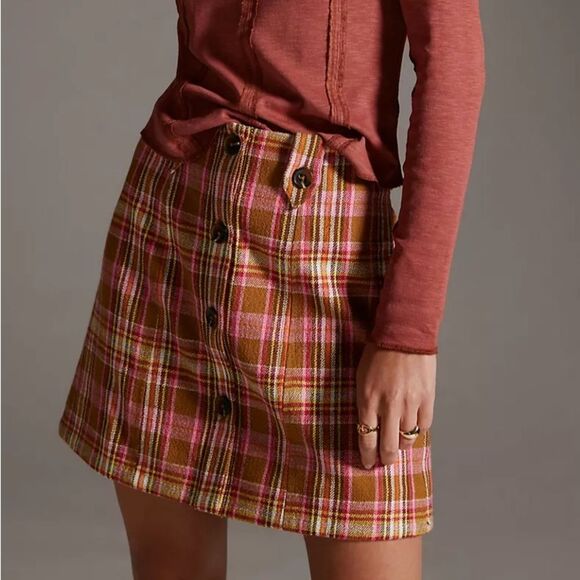 Maeve by Anthropologie Women's Plaid Pink Button-Front Mini Skirt Size 6 - Picture 3 of 11